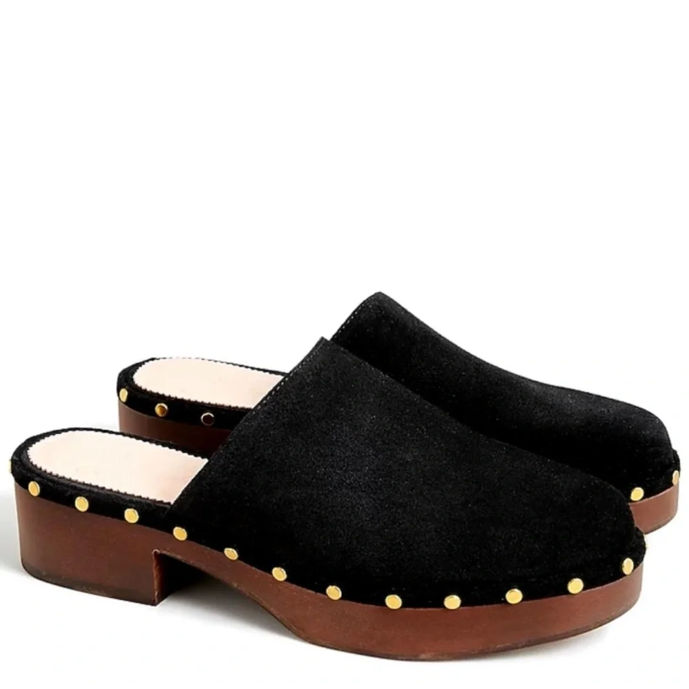 J.Crew Dakota Black Suede Gold mules clogs shoes women size 5